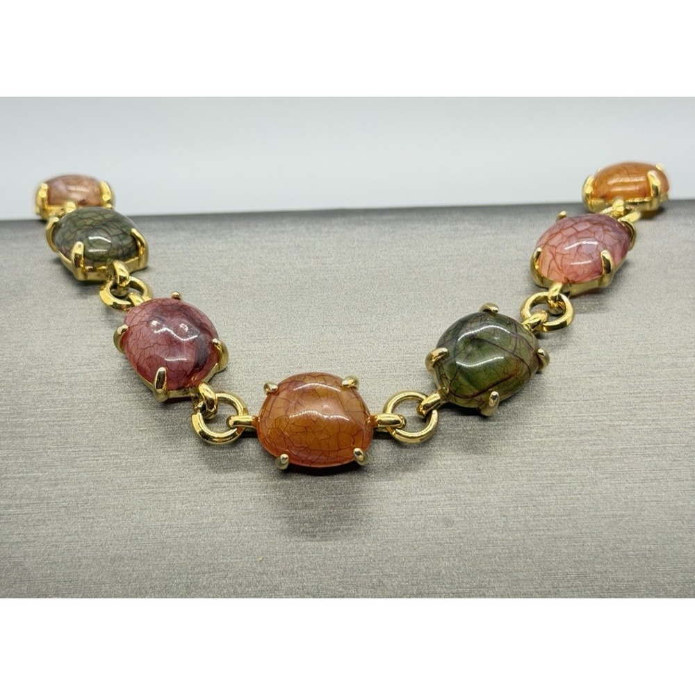 Liz Claiborne Acrylic Bracelet Gold Tone Link Multicolor Cabochon Chunky Vintage - Picture 11 of 13
